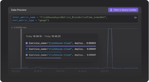 Dash0 screenshot: Query builder data preview