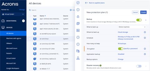 Acronis Cyber Protect screenshot: All devices list with backup plan settings