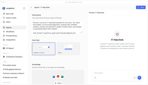 Langdock screenshot: Agent builder with instructions