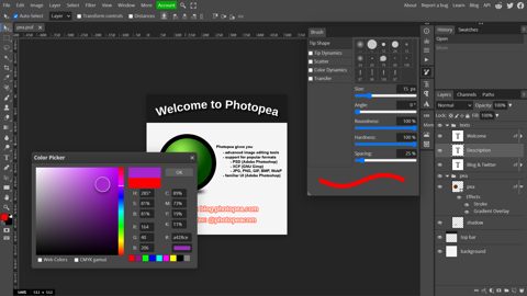 Photopea screenshot: Editor with brushes and layers
