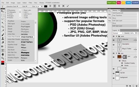 Photopea screenshot: Text tool with font list