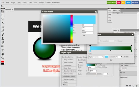Photopea screenshot: Color picker and gradient editor