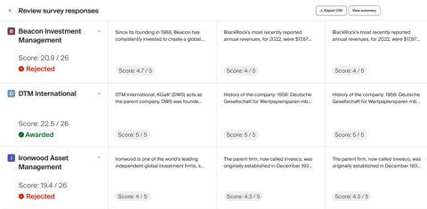 Zip screenshot: Reviewing vendor survey responses and scores
