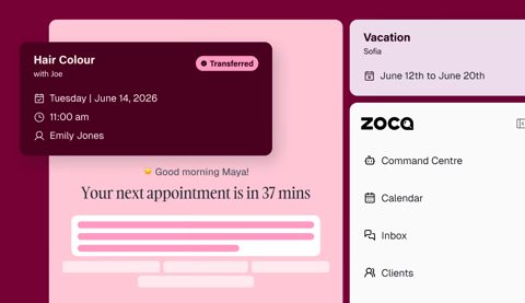 Zoca screenshot: Command centre with next appointment