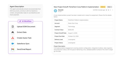 StackAI screenshot: Agent workflow and project record
