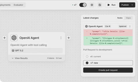 StackAI screenshot: Workflow editor with version changes