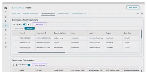 CaptivateIQ screenshot: Commission plan calculation workbook