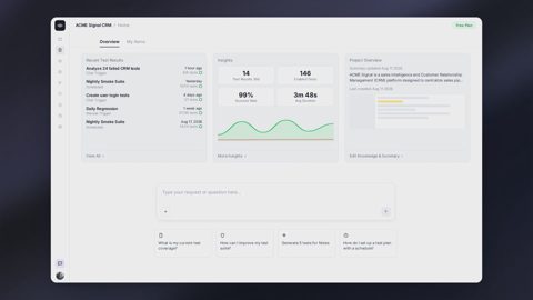 QA.tech screenshot: Project overview with test results and insights