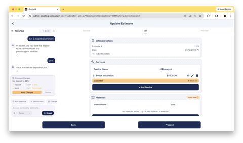 QuoteIQ screenshot: AI Copilot editing an estimate