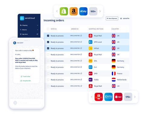 Sendcloud screenshot: Incoming orders table with carriers