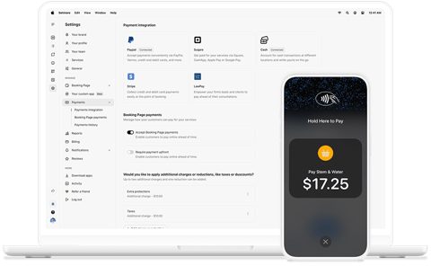 Setmore screenshot: Payment settings with card reader on phone