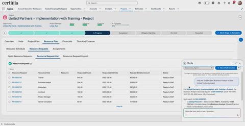 Certinia screenshot: Project resource requests in Salesforce