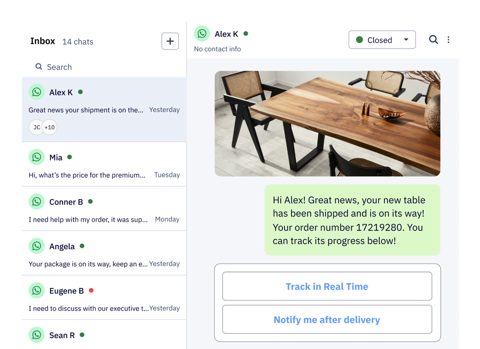 ActiveCampaign screenshot: Shared inbox with WhatsApp chat