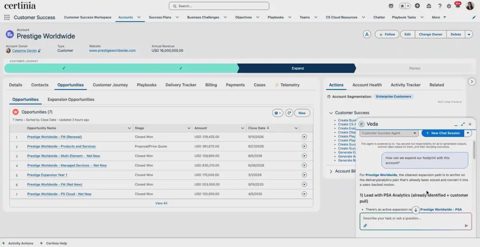 Certinia screenshot: Account opportunities with assistant panel