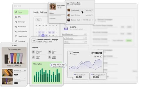 Brevo screenshot: Home dashboard with campaign and revenue stats