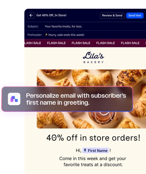 ActiveCampaign screenshot: Email editor with personalization