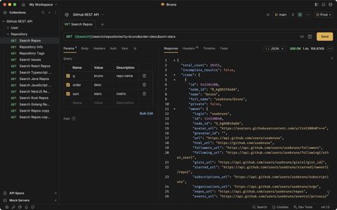 Bruno screenshot: API client with request and response panes