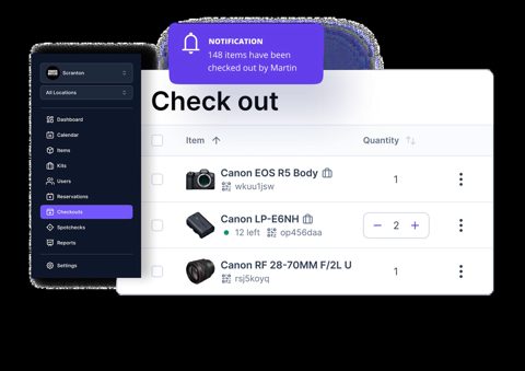 Cheqroom screenshot: Equipment check-out list
