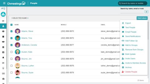 ChMeetings screenshot: People list with bulk actions