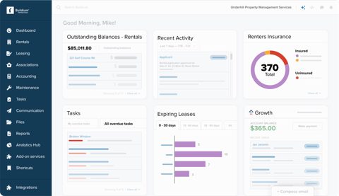 Buildium screenshot: Dashboard with balances, tasks and expiring leases