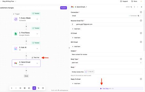 Activepieces screenshot: Flow with step configuration panel