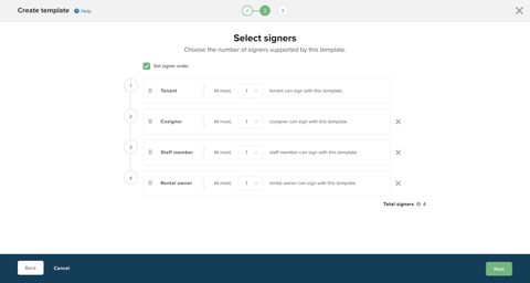 Buildium screenshot: Lease template signer setup