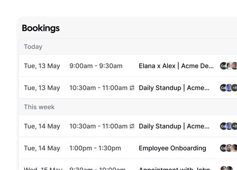 Cal.com screenshot: Bookings list for today and this week