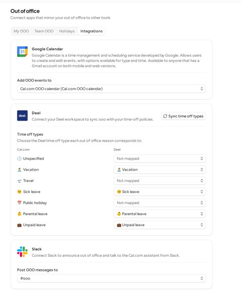Cal.com screenshot: Out-of-office calendar and Slack settings