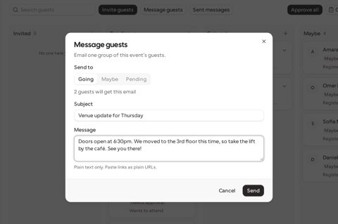 Cal.com screenshot: Message guests dialog