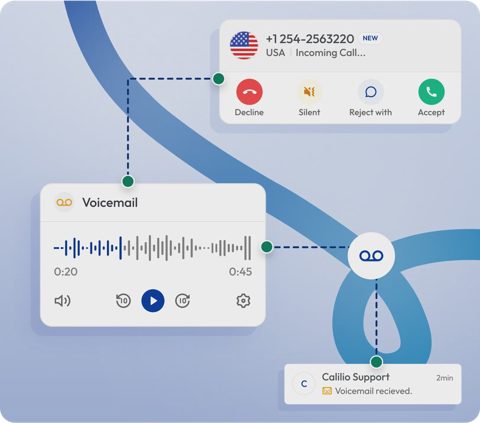 Calilio screenshot: Voicemail player and incoming call screen