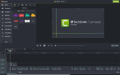 Camtasia screenshot: Editor with tool panel and timeline