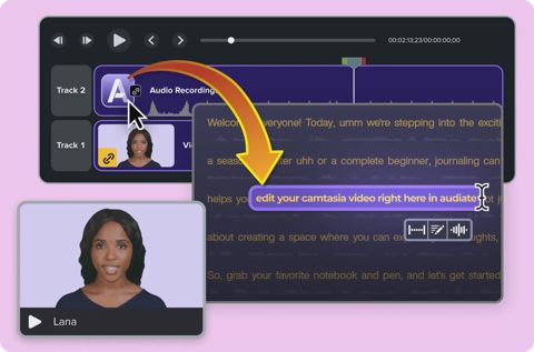 Camtasia screenshot: Text-based editing with audio and video tracks