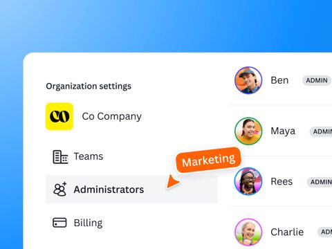 Canva screenshot: Organization settings with admins