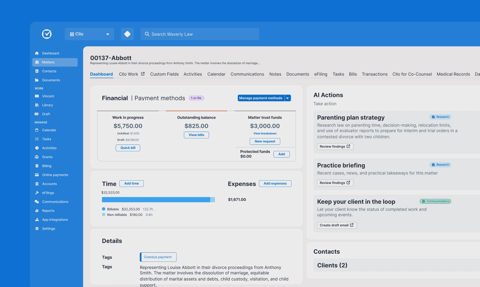 Clio screenshot: Matter dashboard with billing and AI actions