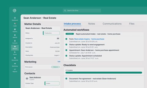 Clio screenshot: Matter intake workflow and checklists