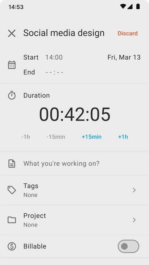 Clockify screenshot: Mobile timer screen