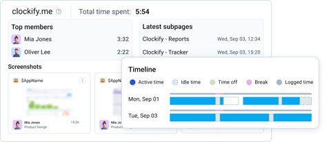Clockify screenshot: Activity timeline and screenshots