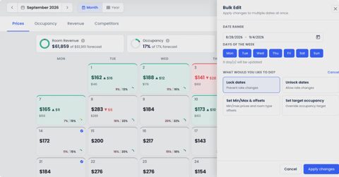 Cloudbeds screenshot: Rate calendar with bulk edit panel