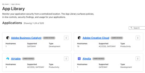 Cloudflare One screenshot: App Library of discovered applications