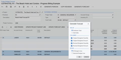Acumatica screenshot: Project budget forecast