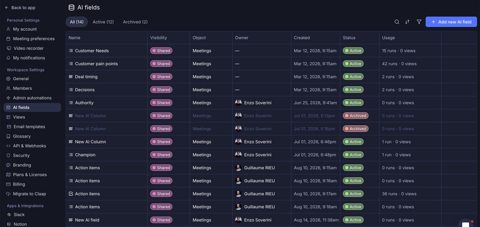 Claap screenshot: AI fields list for meetings