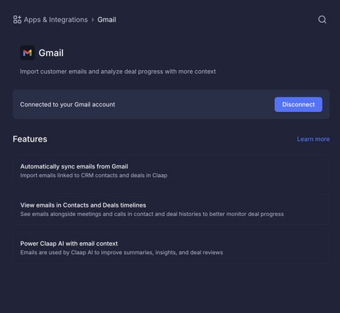 Claap screenshot: Gmail integration settings