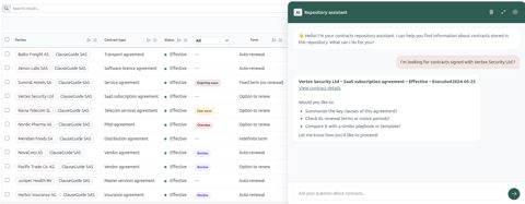 ClauseGuide screenshot: Contract list with repository assistant chat