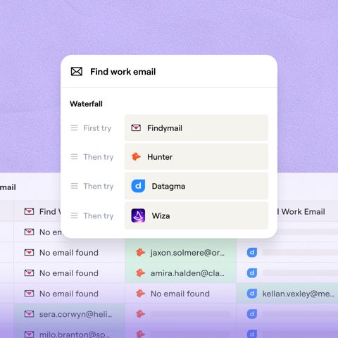 Clay screenshot: Waterfall email enrichment over a table
