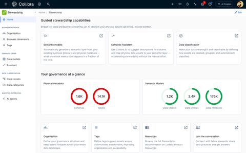 Collibra screenshot: Stewardship home with governance metrics