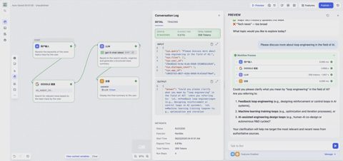 Dify screenshot: Chatflow editor with test conversation