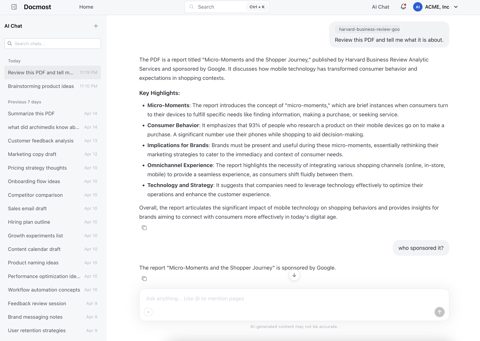 Docmost screenshot: AI chat over documents