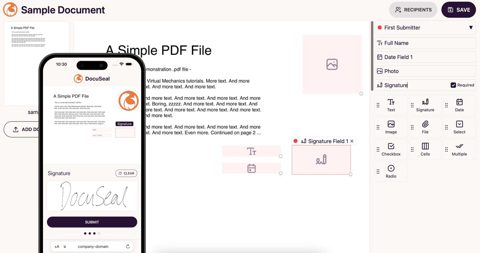 DocuSeal screenshot: Template editor with field palette