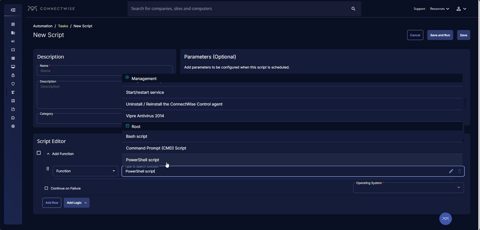 ConnectWise RMM screenshot: Script editor for automation