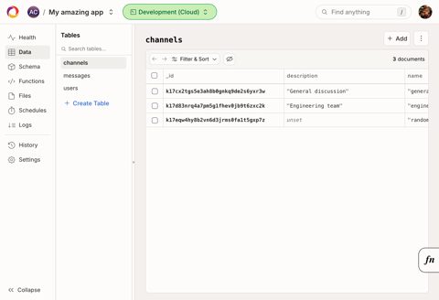 Convex screenshot: Dashboard data browser for tables